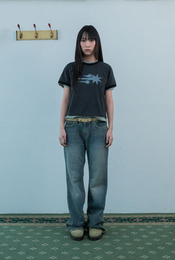 NICEGHOSTCLUB - STRIPE RUSH 3STAR RINGER CROP TEE 條紋短版T恤 [黑色] T-N226