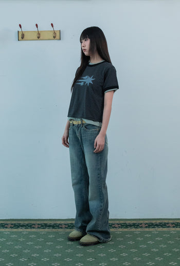 NICEGHOSTCLUB - STRIPE RUSH 3STAR RINGER CROP TEE 條紋短版T恤 [黑色] T-N226