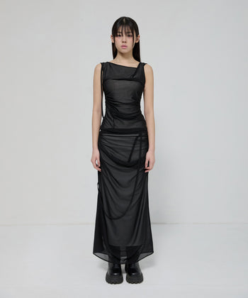 FLARE UP - Draped Mesh Layered Sleeveless  垂褶網紗層疊無袖上衣 T-F1095 (黑色)
