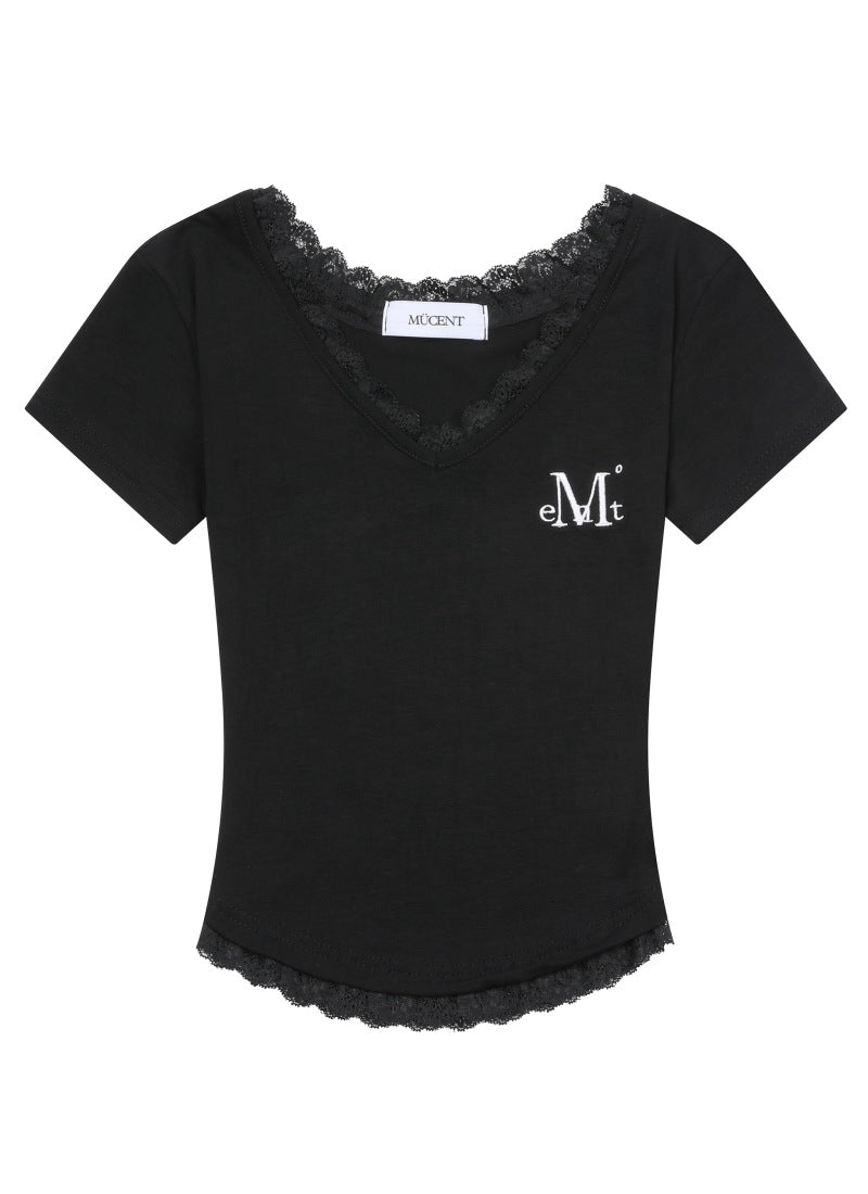 MUCENT - ESUNNIOR LACE V-NECK HALF T 蕾絲V領上衣[黑色] T-E1012