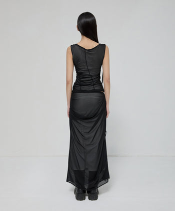 FLARE UP - Draped Mesh Layered Sleeveless  垂褶網紗層疊無袖上衣 T-F1095 (黑色)