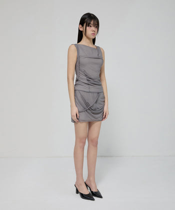 FLARE UP - Draped Mesh Layered Sleeveless  垂褶網紗層疊無袖上衣 T-F1095 (灰色)