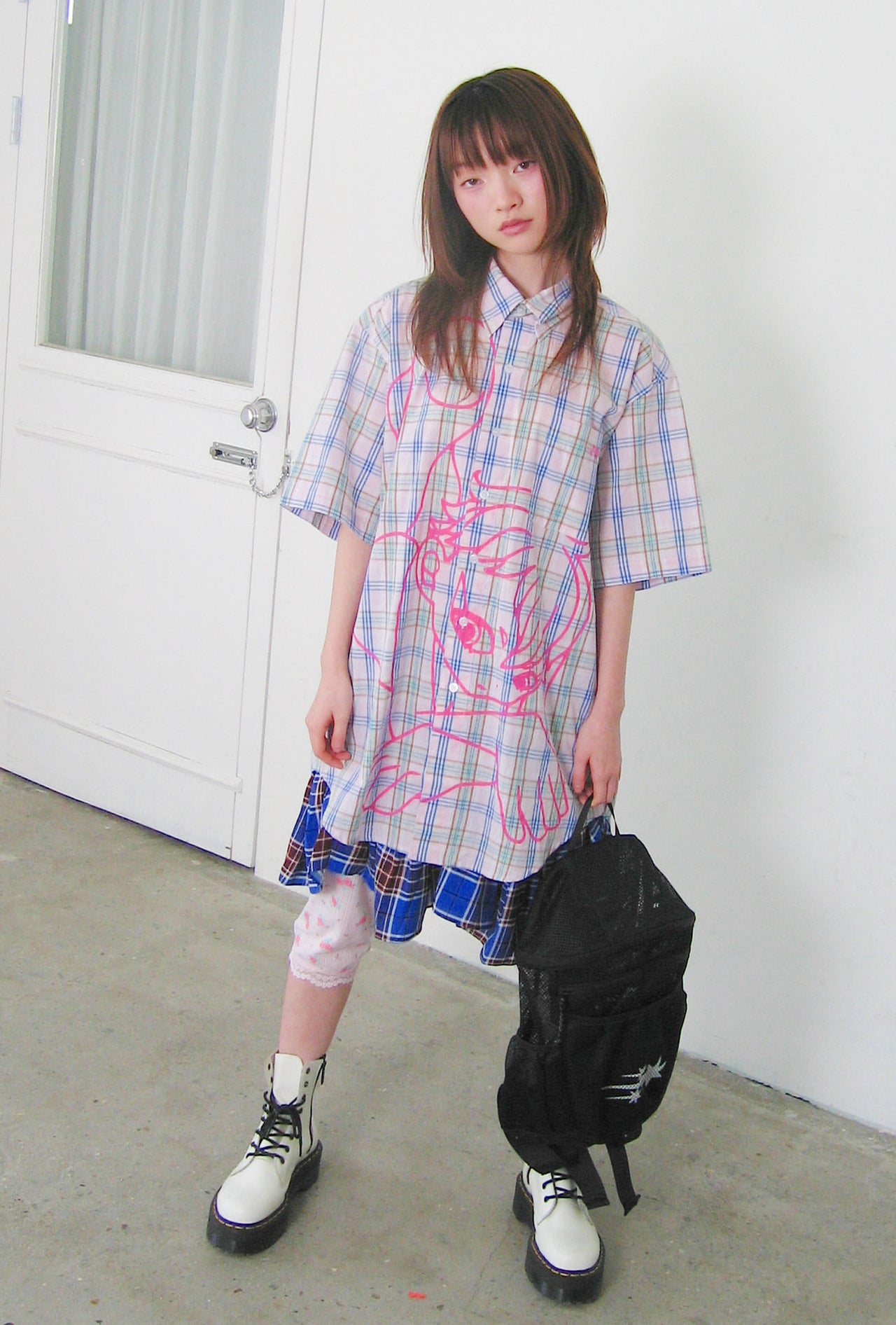 NICEGHOSTCLUB angel check big big half shirt 天使格紋大半身襯衫(粉色) T-N214
