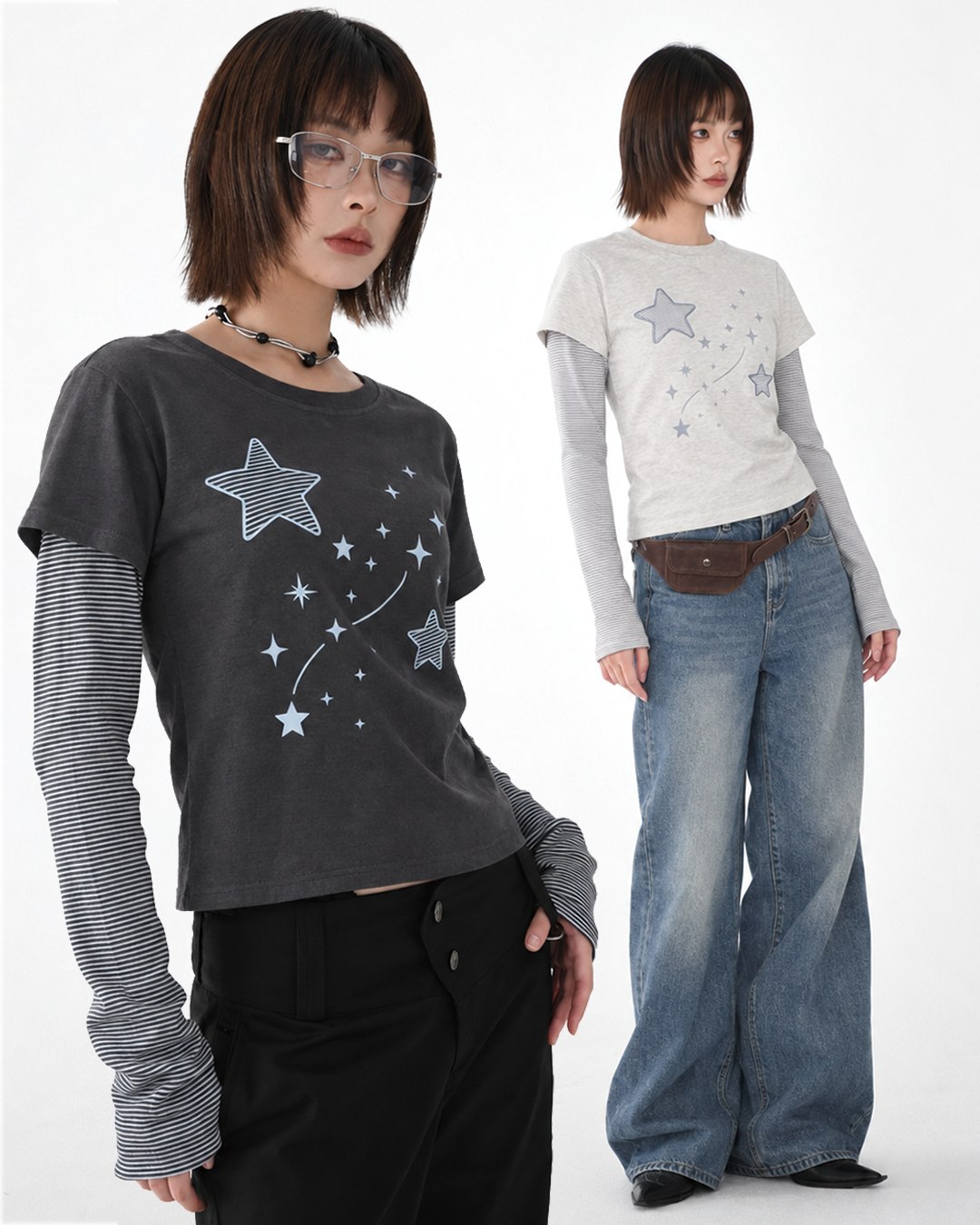 T-S141 正韓假兩件星星條紋長袖
