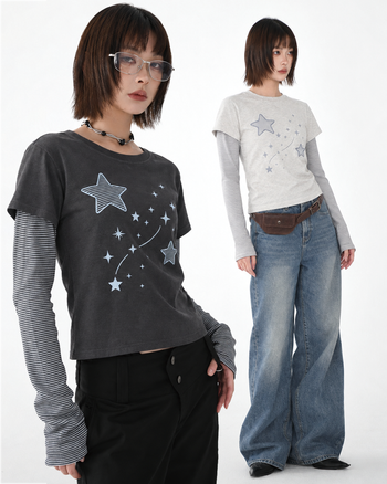 T-S141 正韓假兩件星星條紋長袖