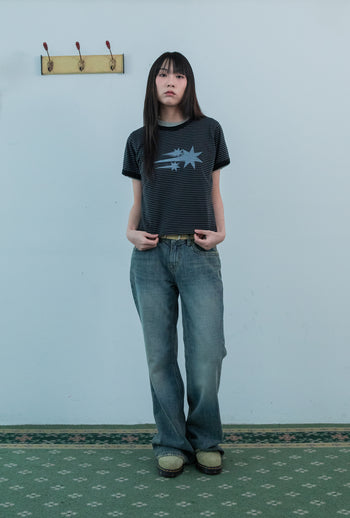 NICEGHOSTCLUB - STRIPE RUSH 3STAR RINGER CROP TEE 條紋短版T恤 [黑色] T-N226