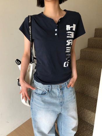 正韓亨利領修身短T-Shirt T-K1102