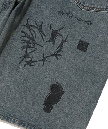 NICEGHOSTCLUB -BIG WIDE BERMUDA DOODLE DENIM PANTS 塗鴉短褲 [藍色] P-N156