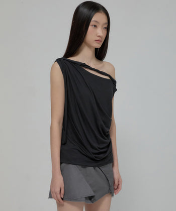 FLARE UP - Braided Drape One-Shoulder Top 編織垂褶單肩上衣 (黑色) T-F1125