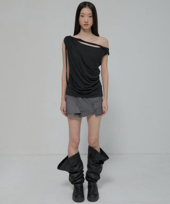 FLARE UP - Braided Drape One-Shoulder Top 編織垂褶單肩上衣 (黑色) T-F1125