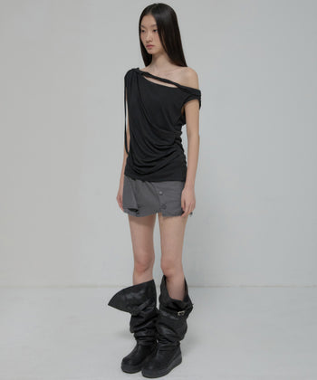 FLARE UP - Braided Drape One-Shoulder Top 編織垂褶單肩上衣 (黑色) T-F1125