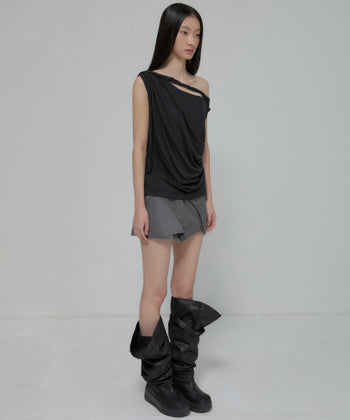FLARE UP - Braided Drape One-Shoulder Top 編織垂褶單肩上衣 (黑色) T-F1125