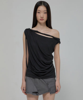 FLARE UP - Braided Drape One-Shoulder Top 編織垂褶單肩上衣 (黑色) T-F1125