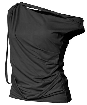 FLARE UP - Braided Drape One-Shoulder Top 編織垂褶單肩上衣 (黑色) T-F1125