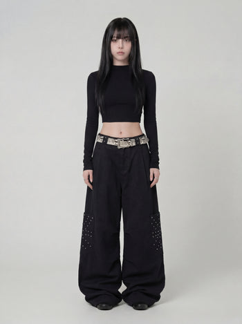 【GUBAN】P-M125 鉚釘闊腿口袋工裝褲