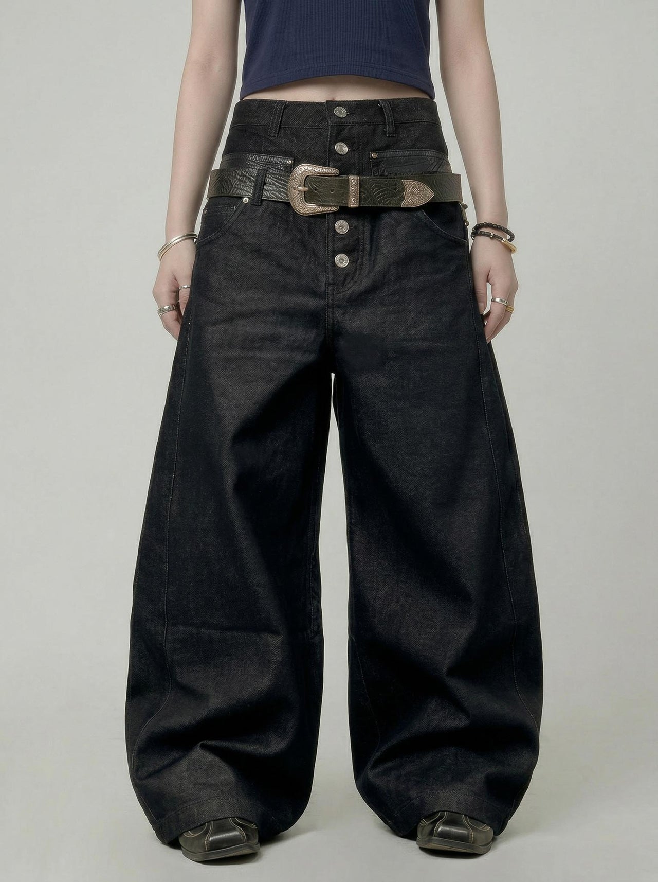 【GUBAN】P-D128 雙腰頭拼接鈕扣寬鬆牛仔褲