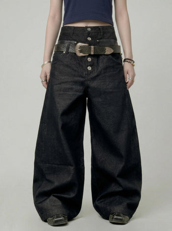 【GUBAN】P-D128 雙腰頭拼接鈕扣寬鬆牛仔褲