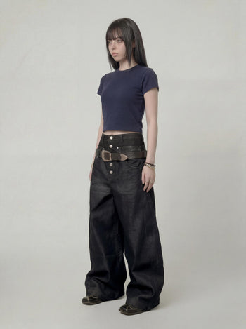 【GUBAN】P-D128 雙腰頭拼接鈕扣寬鬆牛仔褲