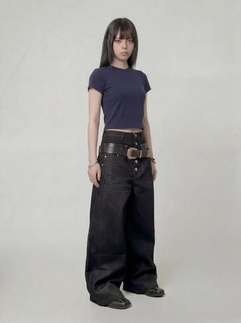 【GUBAN】P-D128 雙腰頭拼接鈕扣寬鬆牛仔褲