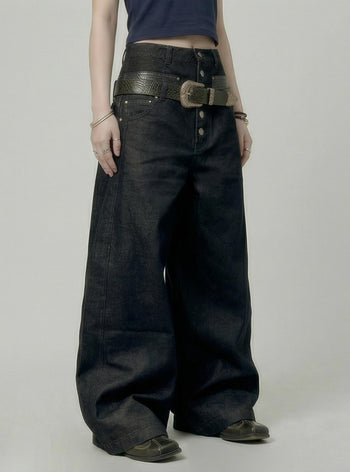 【GUBAN】P-D128 雙腰頭拼接鈕扣寬鬆牛仔褲