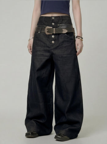 【GUBAN】P-D128 雙腰頭拼接鈕扣寬鬆牛仔褲