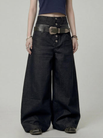 【GUBAN】P-D128 雙腰頭拼接鈕扣寬鬆牛仔褲