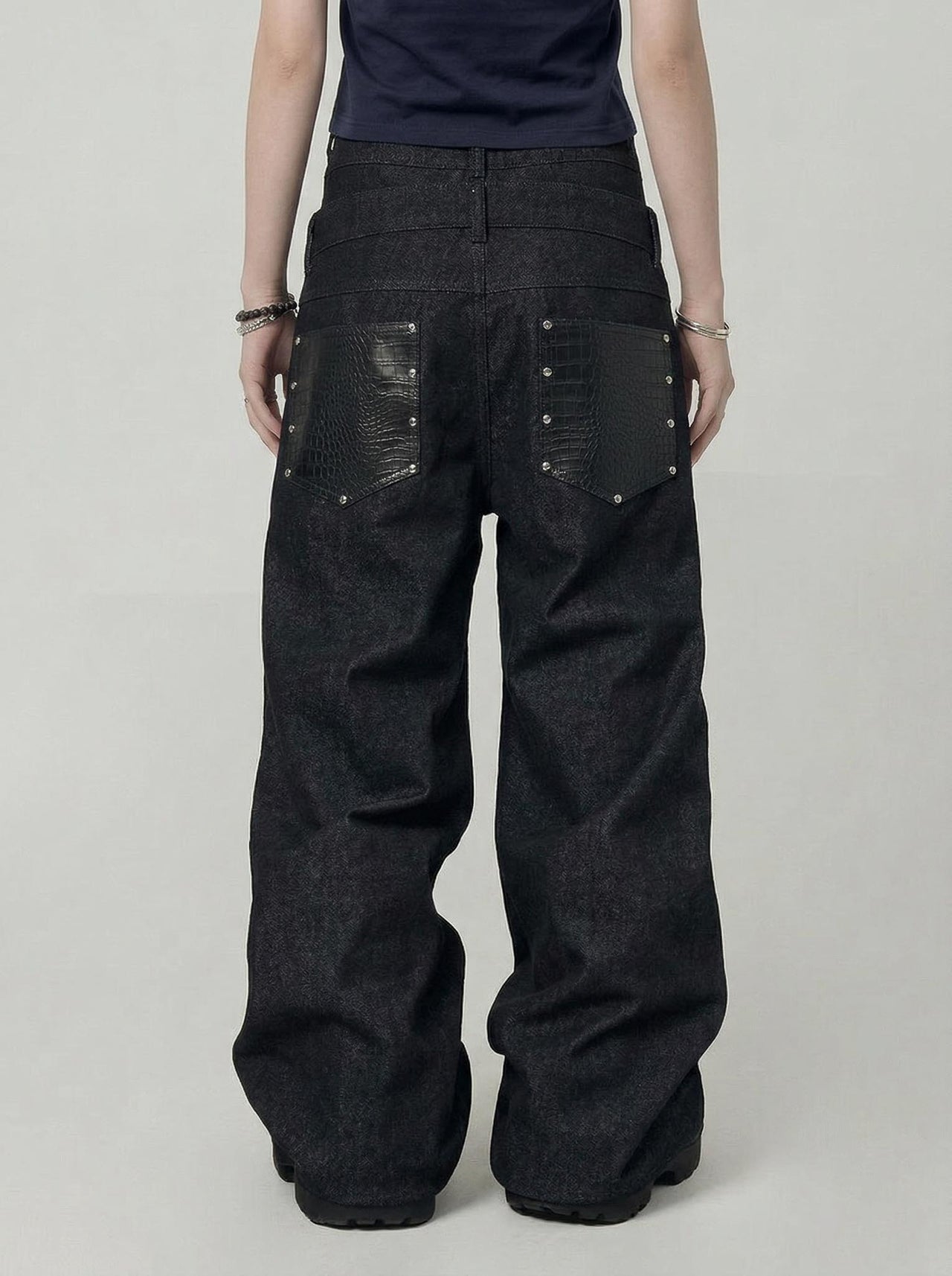 【GUBAN】P-D128 雙腰頭拼接鈕扣寬鬆牛仔褲