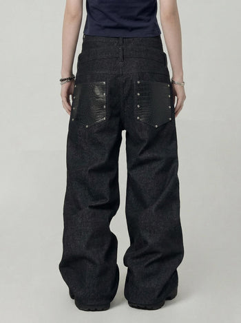 【GUBAN】P-D128 雙腰頭拼接鈕扣寬鬆牛仔褲