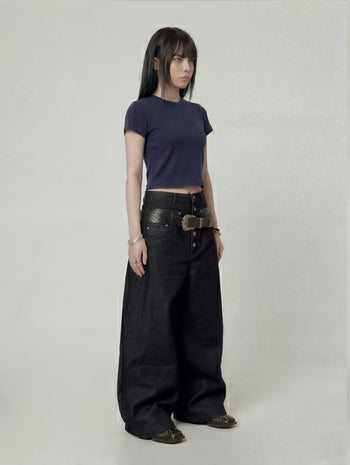 【GUBAN】P-D128 雙腰頭拼接鈕扣寬鬆牛仔褲