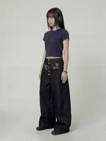 【GUBAN】P-D128 雙腰頭拼接鈕扣寬鬆牛仔褲