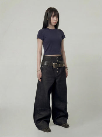 【GUBAN】P-D128 雙腰頭拼接鈕扣寬鬆牛仔褲