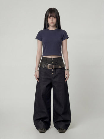 【GUBAN】P-D128 雙腰頭拼接鈕扣寬鬆牛仔褲