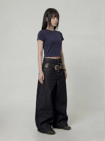 【GUBAN】P-D128 雙腰頭拼接鈕扣寬鬆牛仔褲