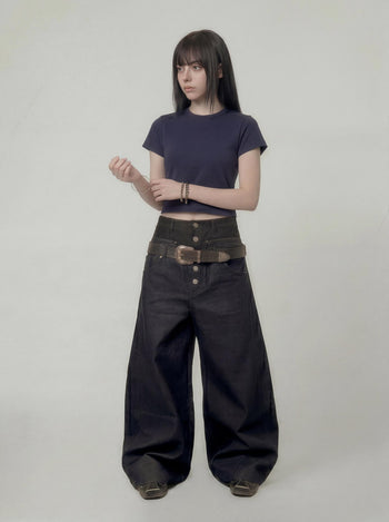 【GUBAN】P-D128 雙腰頭拼接鈕扣寬鬆牛仔褲