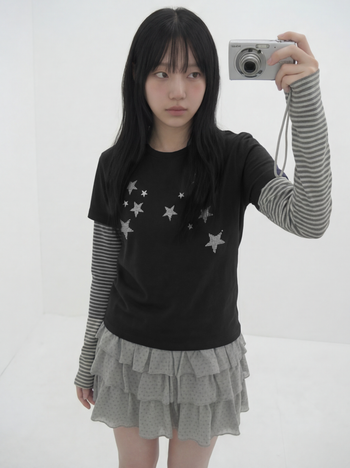 T-S192 條紋假兩件波點滿天星長袖