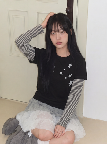 T-S192 條紋假兩件波點滿天星長袖