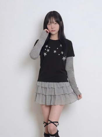 T-S192 條紋假兩件波點滿天星長袖