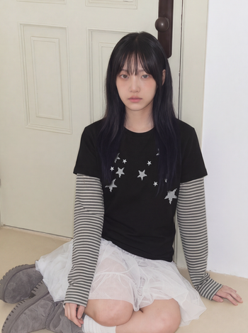 T-S192 條紋假兩件波點滿天星長袖