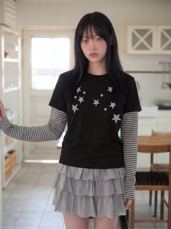 T-S192 條紋假兩件波點滿天星長袖
