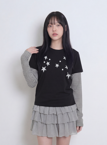 T-S192 條紋假兩件波點滿天星長袖