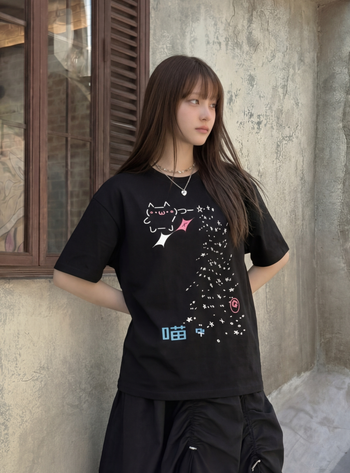 T-C190 顏文字仙女撒星貓 短袖