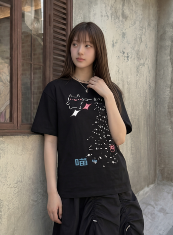 T-C190 顏文字仙女撒星貓 短袖