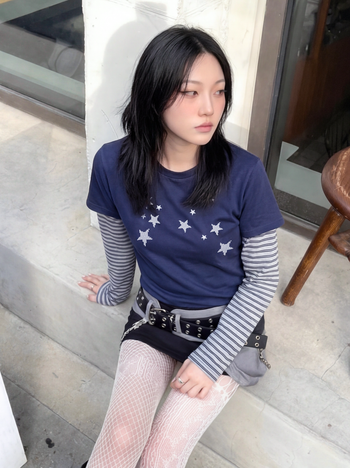 T-S192 條紋假兩件波點滿天星長袖