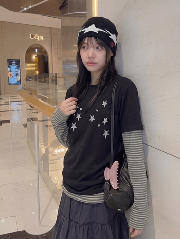 T-S192 條紋假兩件波點滿天星長袖