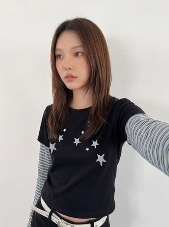 T-S192 條紋假兩件波點滿天星長袖