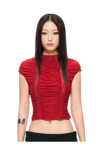 IUE STUDIO-T-U205  RUCHE IN RED WAVY TOP