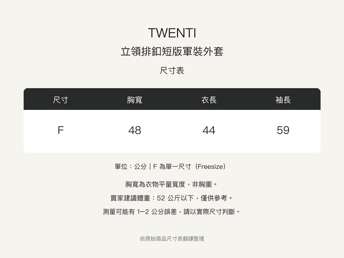 TWENTI 繁體中文尺寸表：F，胸寬48、衣長44、袖長59公分