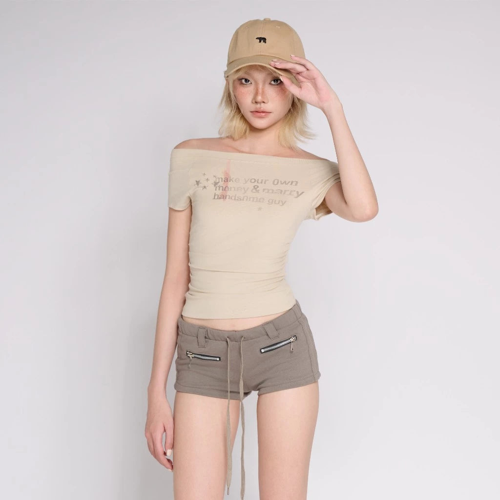 TWENTI 一字領露肩修身 Baby Tee 上衣 T-T1077
